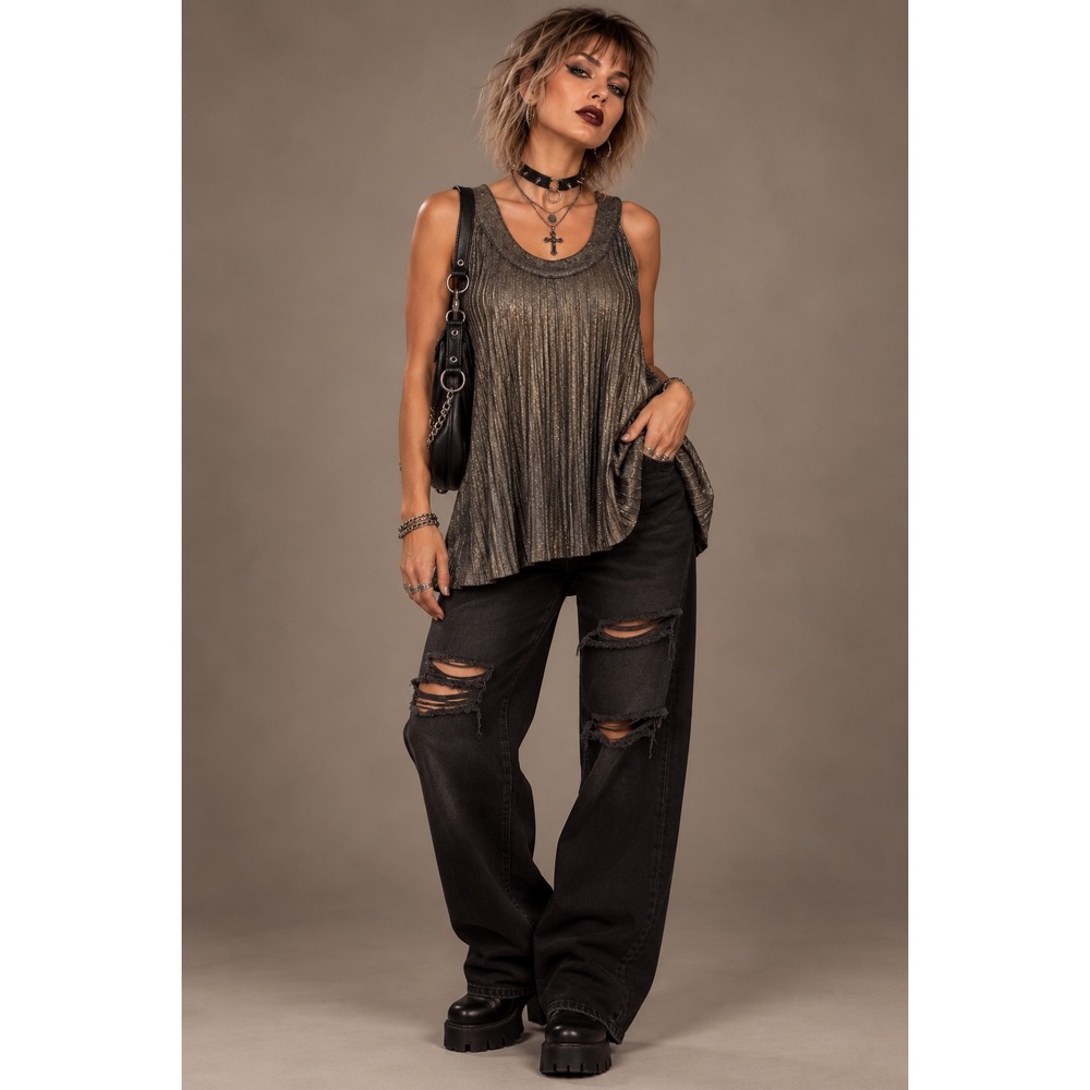 Torrid Womens Metallic Bronze Silver Pleated Sleeveless Keyhole Back Top Plus